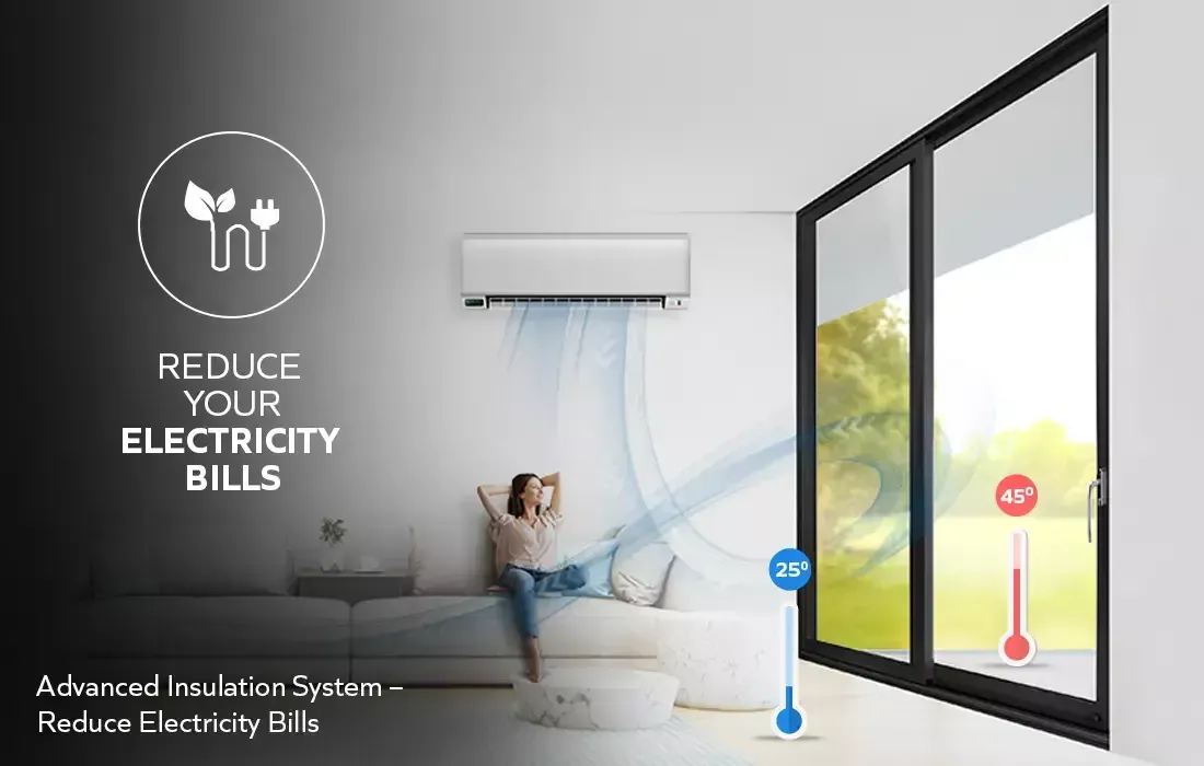 Air conditioner cooling a modern room with a person, highlighting energy savings and reduced electricity bills.