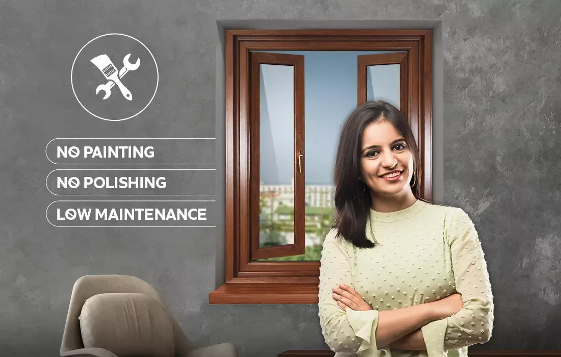 Smiling woman next to a brown window with text 'NO PAINTING', 'LOW MAINTENANCE'.