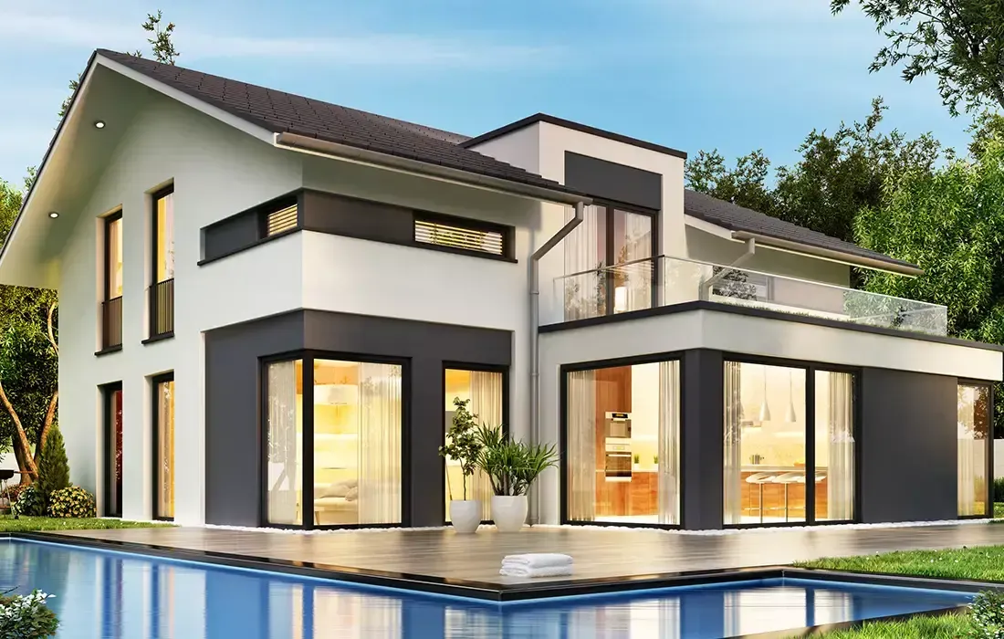 Modern two-story house with white and gray exterior, large windows, and swimming pool.