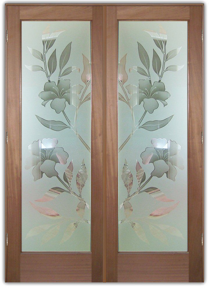 Wooden double doors with frosted glass panels featuring an etched floral design.