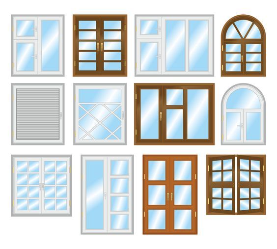 An assortment of white and brown window frames with diverse glass designs.