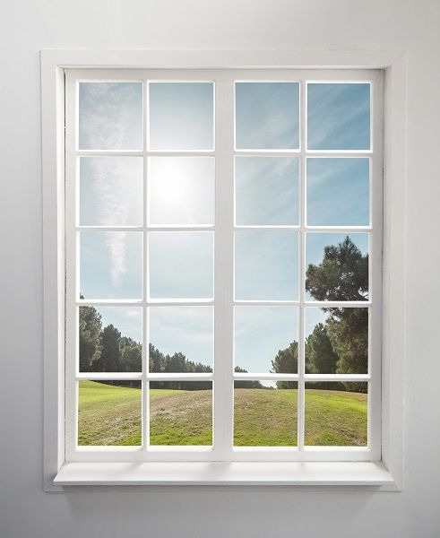 White window overlooking a sunny green field with trees under a blue sky.