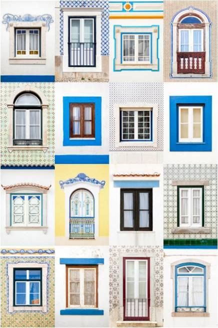 A grid display of sixteen diverse architectural windows with colorful frames and intricate patterns.