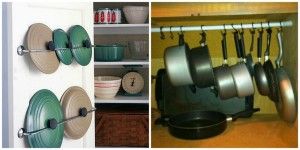 Two clever kitchen organization hacks: pot lid storage on a door and hanging pots in a cabinet.