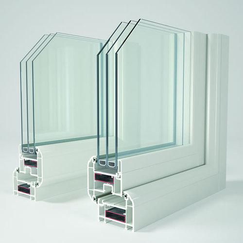 Cross-section view of double and triple-glazed window frames demonstrating insulation.