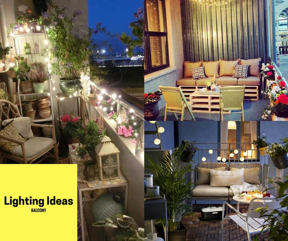 Collage of four outdoor spaces with string lights, plants, seating, and 'Lighting Ideas' text.