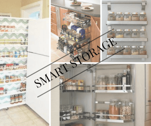 Collage of various smart storage solutions for kitchen spices, including pull-out racks and shelves.