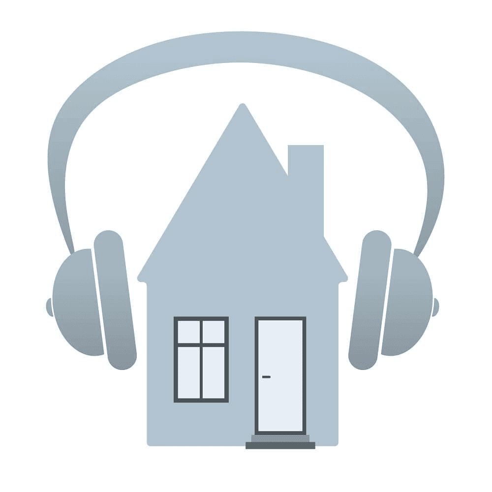 A grey house silhouette with headphones wrapped around its roof.