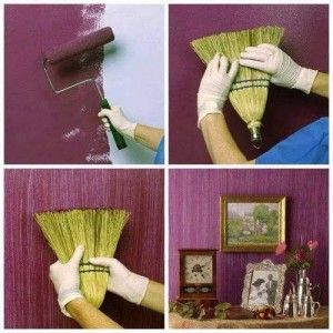 Four panel collage showing how to create a decorative broom texture on a purple painted wall.