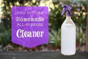 Homemade all-purpose cleaner in a spray bottle with a purple sign showing instructions.