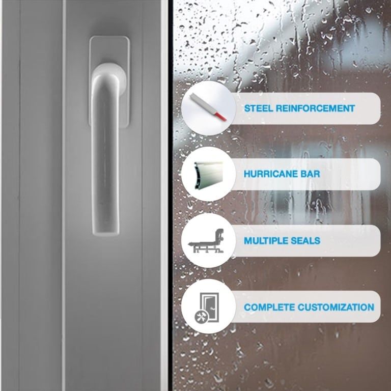 Window handle and windowpane detailing features: Steel Reinforcement, Hurricane Bar, Multiple Seals, Complete Customization.
