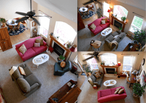 Multiple security camera views show a living room with pink and grey sofas and a fireplace.