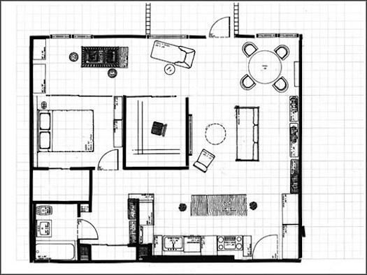 Detailed floor plan of a one-bedroom apartment layout, including living, dining, and kitchen.