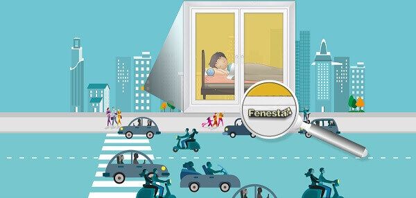 Urban scene: busy street, buildings, person in window; magnifying glass on 'Pemanasan Global'.