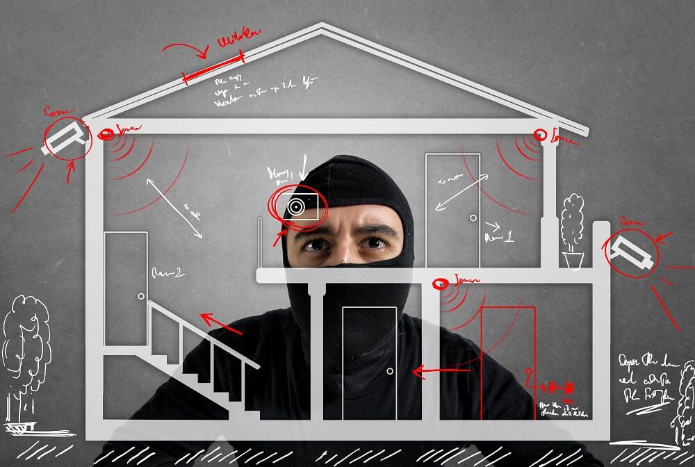 Burglar in ski mask peeking into a drawn house showing security cameras and alarm sensors.
